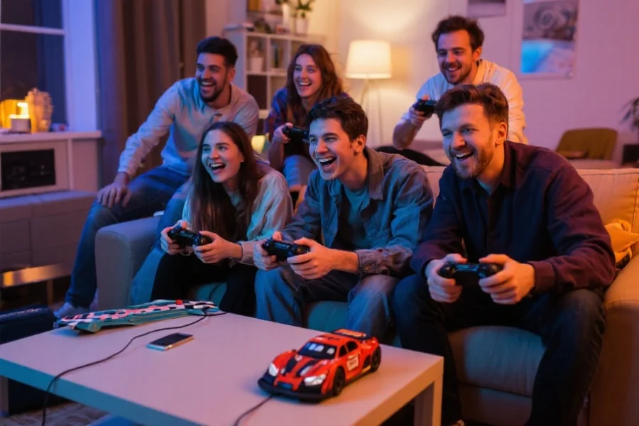 一群朋友在舒适的客厅中一起愉快地玩赛车游戏，氛围轻松愉快