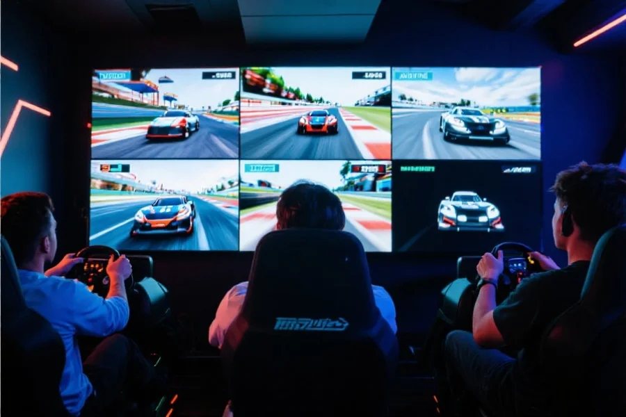 几位玩家在极速赛车模拟器前专注操控，屏幕上显示不同的比赛模式画面，突出多样性和趣味性