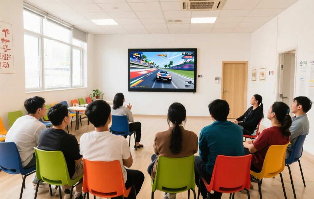 多人在一个宽敞明亮的社区活动室，围坐在大屏幕前观看极速赛车游戏比赛直播，气氛热烈