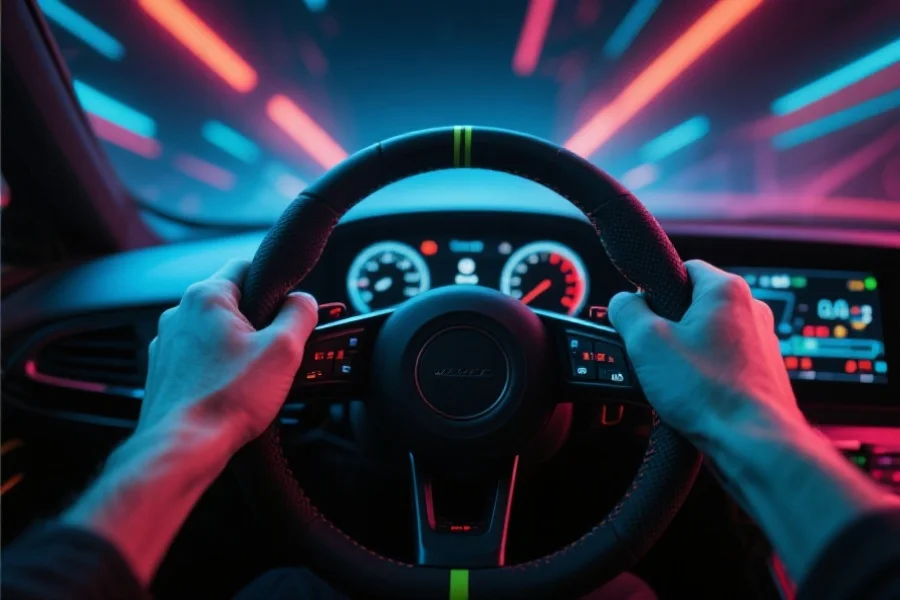 近距离视角下，玩家双手紧握方向盘专注驾驶，周围是虚拟仪表盘和动感光影